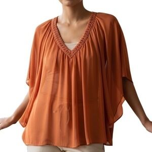 Riva di Chiari Orange Beaded Neckline Kaftan Flowy Sleeve Top